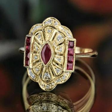 Imagem de Anéis de zircônia cúbica vermelha banhados a ouro para mulheres, anel de fantasia retangular irregular para casamento, noivado, formatura, Metal, Zircônia cúbica