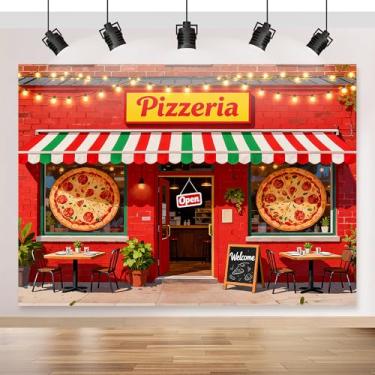 Imagem de Pano de fundo para loja de pizza, 2,8 x 1,5 m, tema de culinária, vintage, pizzaria, decoração de festa de pizza, chá de bebê, festa de aniversário para meninos e meninas, adereços para sessão de