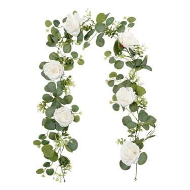 Imagem de Vaveren Guirlanda de flores artificiais de eucalipto, trepadeira de rosas artificiais, decoração de casamento, trepadeira floral multiuso para parede de, Branco