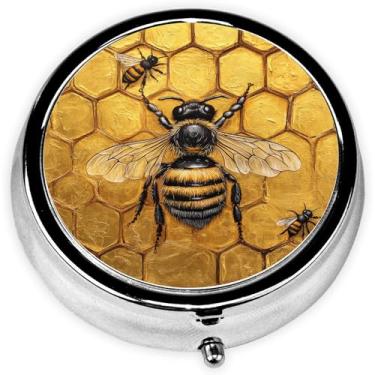 Imagem de Caixa de comprimidos, 3 compartimentos, pequena caixa de medicamentos de metal portátil para viagem com mini recipiente espelhado para bolso feminino e masculino (abelha fofa)