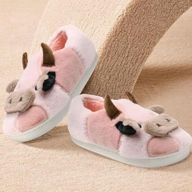 Imagem de Sapatos de algodão de vaca para meninas, meninos, crianças, felpudos, fofos, de algodão, animais, sapatos de pelúcia fofos, para meninas, sala de estar, quarto, rosa, rosa, 29.5-31