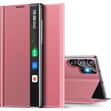 Imagem de Capa para Samsung Galaxy S24 Ultra com janela transparente e inteligente, com suporte para Samsung S24 Ultra, capa flip fina, espelhada, rígida, de couro, visão, transparente, janela inteligente 5G