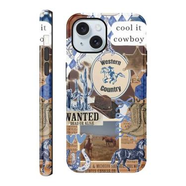 Imagem de Vulfwela Capa para iPhone 15 Plus de 6,7 polegadas retrô cowboy cowgirl, capa de telefone 2 em 1 Wild West Country Cowgirl, chapéu protetor retrô à prova de choque, cavalo, cactos, colagem, rancho