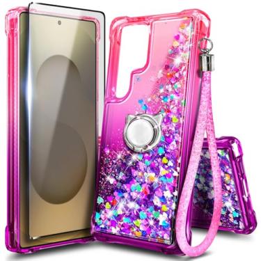 Imagem de Capa NGB projetada para Samsung Galaxy S25 Ultra, rosa/roxo | Capa fofa com glitter líquido brilhante para mulheres e crianças | com protetor de tela, suporte de anel e cordão de pulso