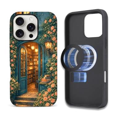 Imagem de ZHEGAILIAN Capa compatível com iPhone 16 Pro Max, capa de telefone com design de arte de parede de porta de livraria vintage, [compatível com MagSafe], capa rígida híbrida de 2 camadas para meninas