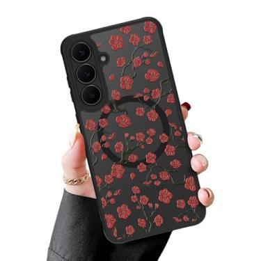 Imagem de MZELQ Capa magnética para Samsung Galaxy S25 FE, vermelho ameixa bossom floral [compatível com carregamento Magsafe] Capa de proteção de câmera transparente fosca rígida à prova de choque para