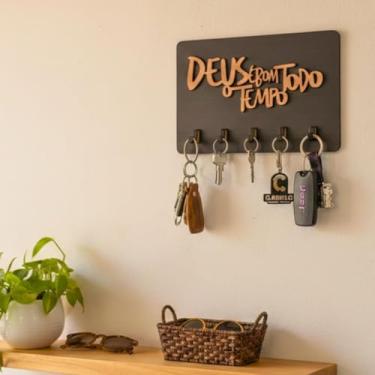 Imagem de Porta Chaves Decorativo de Parede em MDF, Frase Deus é Bom o Tempo Todo, 5 Ganchos, Preto com Amadeirado, Organizador para Hall de Entrada