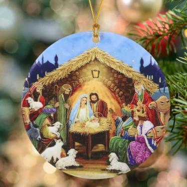 Imagem de Ornamentos de acrílico redondos para pendurar em árvore de Natal, presentes de nascimento de Jesus para cristãos