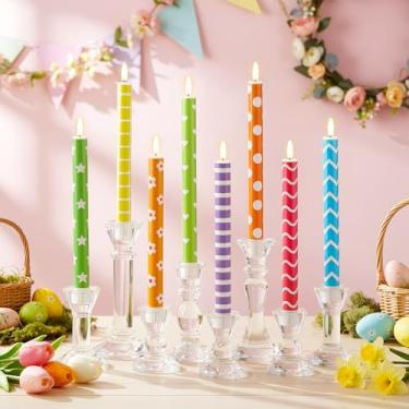 Imagem de Huquary 8 peças de velas afuniladas sem chamas com tema de Páscoa, velas de LED pastel sem chamas de 25 cm com vários padrões, eletrônica operada por bateria para decoração de casa, festa, mesa de