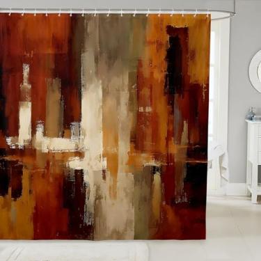 Imagem de Feelyou Cortina de chuveiro laranja queimada para decoração de banheiro arte abstrata ferrugem cortina de banho banheiras geométrica moderna chique acessórios de banheiro tecido de poliéster