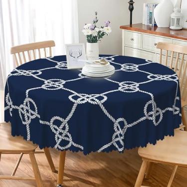 Imagem de TTQYFNM Toalha de mesa redonda de corda náutica 178 cm, rede de pesca, rede de pesca, tecido impermeável, azul marinho, toalha de mesa para cozinha, sala de jantar, pátio, uso interno e externo