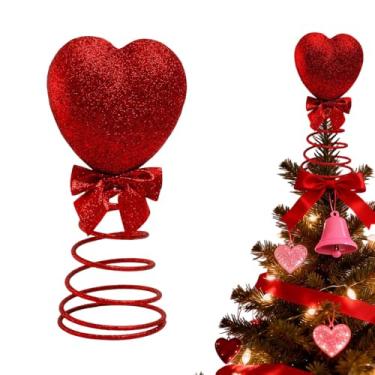 Imagem de Hamosky Topo de árvore de coração com glitter vermelho com laço, mini ornamento romântico brilhante, base em espiral, decoração de dia dos namorados, 16 cm de altura, mini enfeite de mesa para
