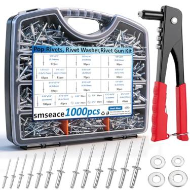 Imagem de smseace Kit de pistola de rebite pop 1001 peças, rebites, arruelas e rebites embalados em caixa de ferramentas portátil com etiqueta colorida para metal, móveis, automotivo, instrumentos