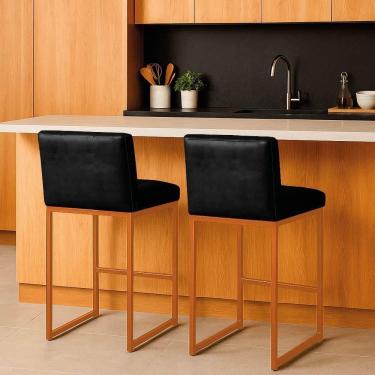 Imagem de Banqueta Cozinha Alta Com Encosto Industrial Kit 2 Bronze Lirina Pu C05 - D`rossi Preto