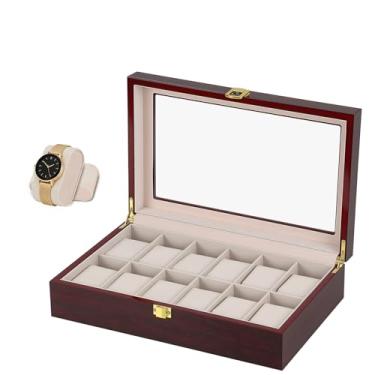 Imagem de Caixa de Relógio com 12 Compartimentos, Caixa de Madeira para Relógios, Porta Relógio Masculino, Caixa de Relogio, Organizador Porta Relógio com Tampa de Vidro Grande