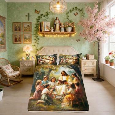 Imagem de Jogo de cama casal Deus com crianças, Deus com crianças, meninos e meninas, arte espiritual, decoração de quarto espiritual, jogo de cama colorido, 2 fronhas (não planas)