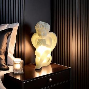 Imagem de ORALEAF Estatuetas decorativas de anjo candeeiro de mesa, luz noturna de querubim LED, estátua branca iluminada