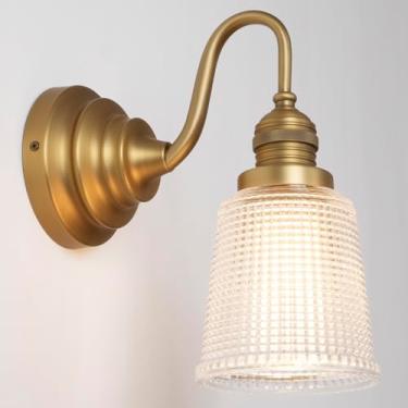 Imagem de Teqinchy Arandela de parede vintage latão dourado luminária de banheiro com sombra de vidro ondulado transparente lâmpada de arandela de parede para espelho de banheiro sala de estar quarto cozinha