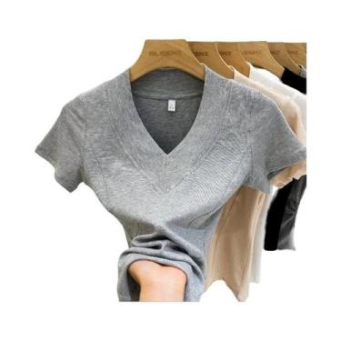 Imagem de Camiseta Feminina Branca De Malha Canelada Com Decote Em V, Ajuste Sli