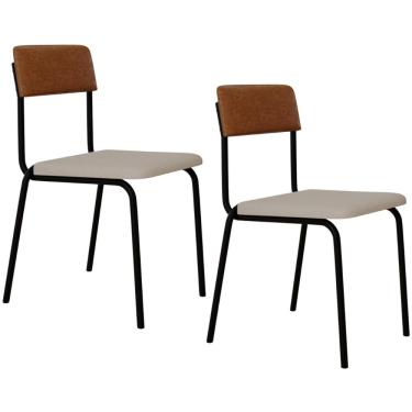 Imagem de Kit 02 Cadeiras Estofada Para Sala de Jantar Sense Preto C01 Linho Palha Courino Caramelo - Lyam Decor