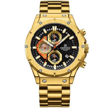 Imagem de Relógio Masculino Quartzo Pulseira De Aço Inoxidável Casual Esportivo Preto Dourado