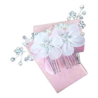 Imagem de Arranjo Cabelo Noiva Flor Tecido Branco Prata Strass Pérola - De Castr