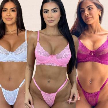 Imagem de Kit 3 Conjuntos Renda Meia Taça Laura Tamanho:GGCor:Fúcsia Branco Rosa