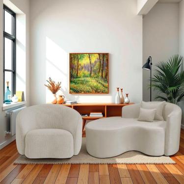 Imagem de Kit Recamier Curvo Sala De Estar Inglaterra 150cm Lado Esquerdo E Poltrona Orgânica Luxo Amore Linho Bege