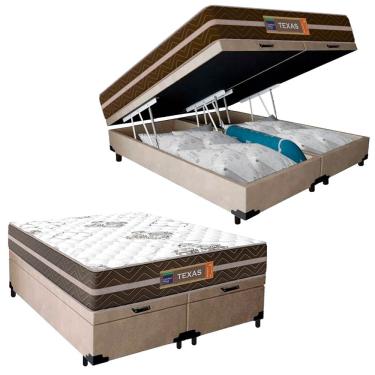 Imagem de Cama Box Baú Casal Bipartido Suede + Colchão Molas Ensacadas Texas Prime Colchões 138x188x67cm Bege