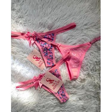 Imagem de Kit com 3 Micro Calcinhas Fio Dental em Renda e Lycra Na Cor Rosa - Se