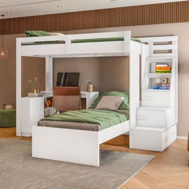 Imagem de Beliche Luare 3 Portas 2 Gavetas com Escada e Escrivaninha Branco - Pnr Móveis