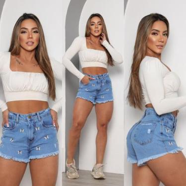 Imagem de Short Feminino Mom Jeans Premium Estiloso Fashion Bordado - carol moda