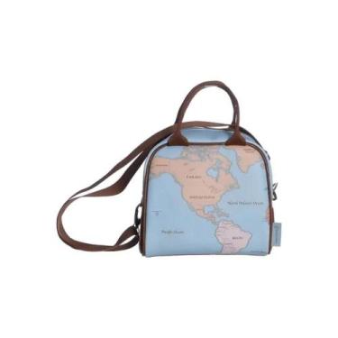 Imagem de Bolsa Térmica Viagem Mapa Mundo Maleta Lancheira Com Alça Mão Transver