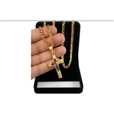 Imagem de Corrente cordão banho de ouro 18K masculina com pingente Cruz - MAGALU