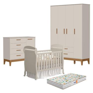 Imagem de Quarto de Bebê Completo Danny Flip 4 Portas 4 Gavetas MDF 148cm Areia Acetinado com Colchão Gazin Reller Móveis