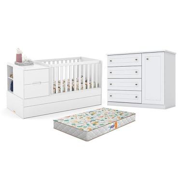 Imagem de Conjunto Infantil Berço Americano Multifuncional Formare MDF Colchão Incluso Branco Acetinado Matic Móveis