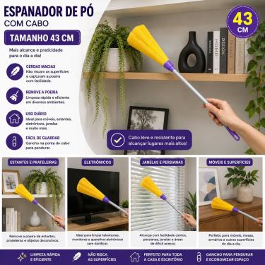 Imagem de Espanador de Pó com Cabo Cerdas Sintéticas Macias 43cm Cinza para Limpeza Residencial e Comercial