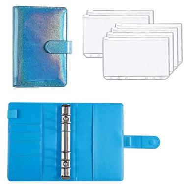 Imagem de Pasta A6 Planejador de Orçamento Caderno de Couro PU Folhas Soltas Capa de Caderno 6 Buracos Bolsos de Pasta de Plástico Zipper Envelope, Azul Glitter