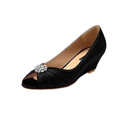 Imagem de ERIJUNOR Tênis de casamento feminino confortável salto baixo anabela peep toe, Preto, 6.5