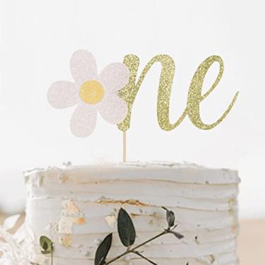 Imagem de YESSWL One Cake Topper for 1st Birthday - Flower Gold Glitter One Sign First Birthday Decoration for Baby 1st Birthday Party, Baby Shower, Baby Gender Show or Baby Photo Booth Props