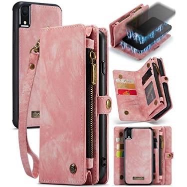 Imagem de ZORSOME Capa carteira para iPhone XR, 2 em 1 destacável de couro premium PU com 8 compartimentos para cartões, bolsa magnética com zíper, alça de pulso para mulheres, homens, meninas, rosa