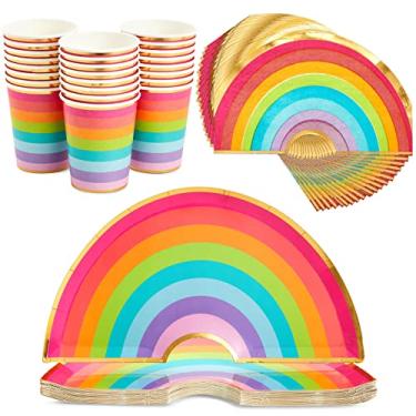 Imagem de 72 peças de decorações de festa de aniversário com tema de arco-íris, conjunto de louça descartável com pratos, copos e guardanapos cortados (serve 24)