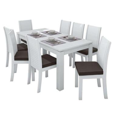 Imagem de Mesa De Jantar 200X90 Com 8 Cadeiras Athenas Branco/Veludo Marrom - Mó