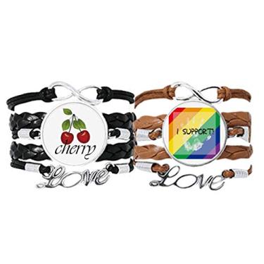 Imagem de DIYthinker LGBT Bandeira de Arco-íris I Support Pulseira Pulseira de Mão Corda de Couro Cereja Conjunto Duplo