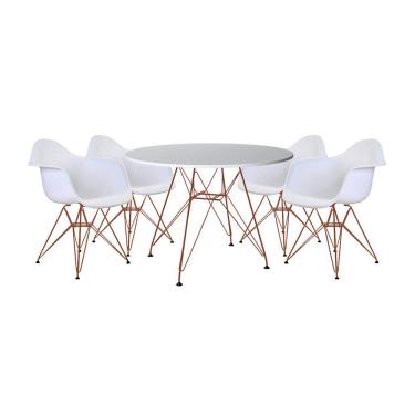 Imagem de Mesa de Jantar Redonda Eames Eiffel 90cm Branca com 4 Poltronas Brancas Ferro Cobre