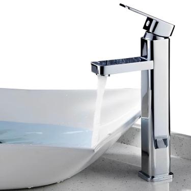 Imagem de Torneira Gourmet Slim Inox Escovada Prata para Banheiro Lavatorio Cuba Lavabo Bica Alta Monocomando Água Quente e Fria + Mangueiras