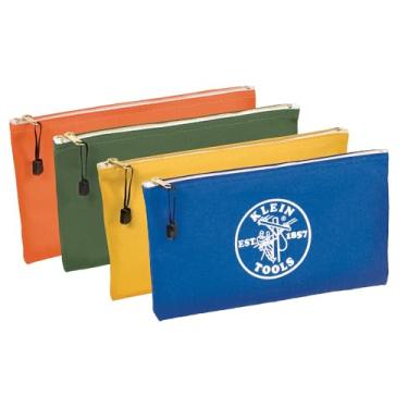 Imagem de Klein Tools Bolsa de lona com zíper 5140, bolsa de ferramentas, bolsa de utilidade, bolsa de depósito bancário, 32 x 18 cm, oliva/laranja/azul/amarelo, pacote com 4