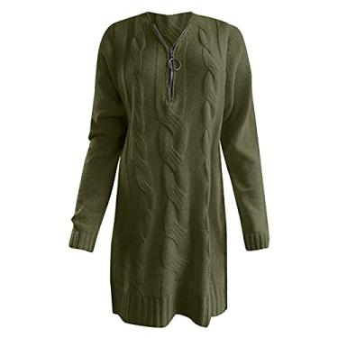 Imagem de Suéter BOD-ycon Vestido feminino sólido manga longa meio zíper gola V malha vestido de lã evasê vestidos para mulheres, Verde, G