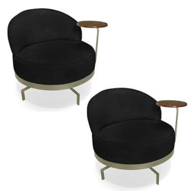 Imagem de Kit 2 Poltronas Decorativa Andromeda Linho Bouclê Preto Base Giratória de Ferro - Pallazio