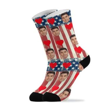 Imagem de junzan Meias personalizadas com foto presentes personalizados estilo grunge bandeira americana rosto personalizado em meias para homens mulheres meias personalizadas, Bandeira americana estilo grunge,